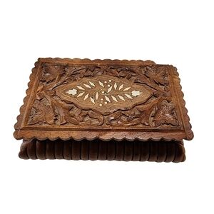 Vintage hand carved wood jewelry trinket box with inlay design India